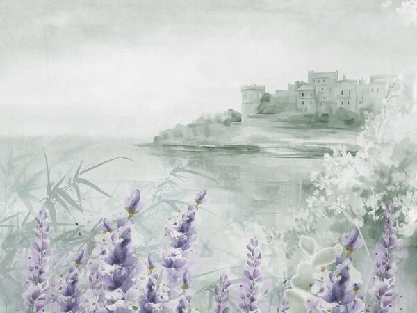 Aquarel van een kasteel en bloemen Aquarel van een kasteel en bloemen