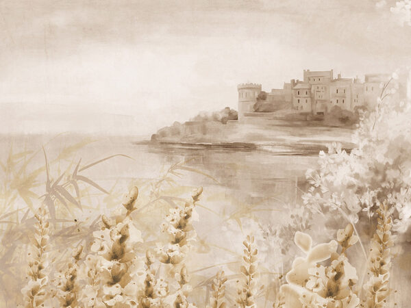 Schilderij van een kasteel en een meer Schilderij van een kasteel en een meer