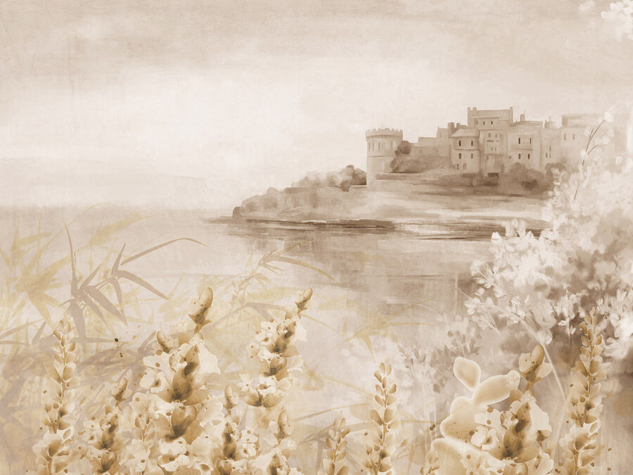 Schilderij van een kasteel en een meer