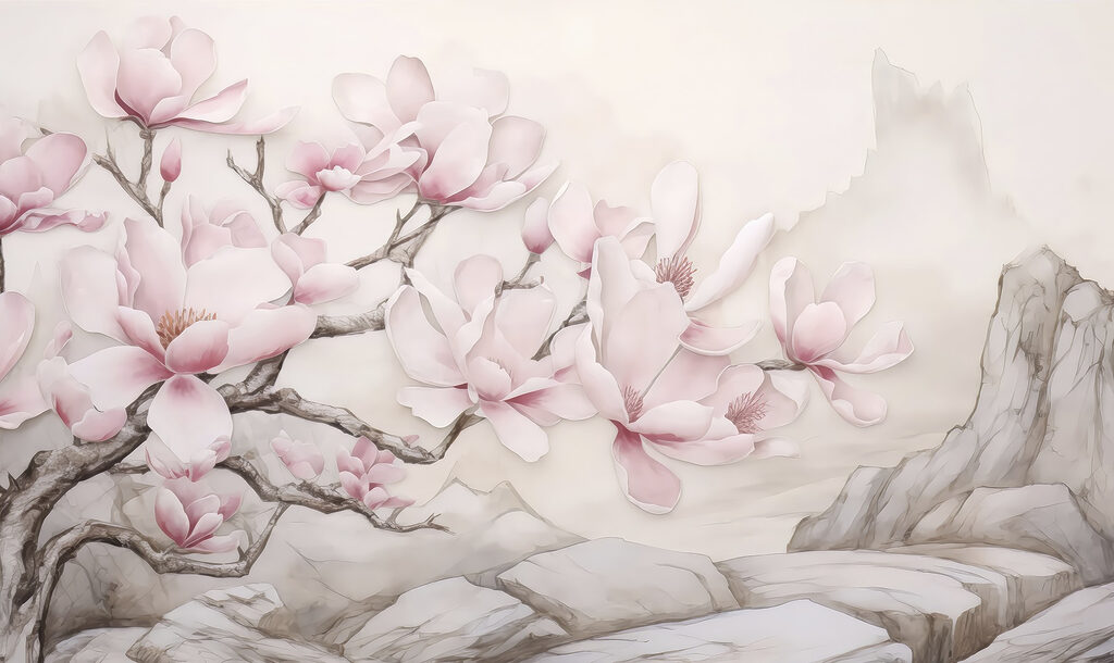 Schilderij van een boom met roze bloemen Schilderij van een boom met roze bloemen