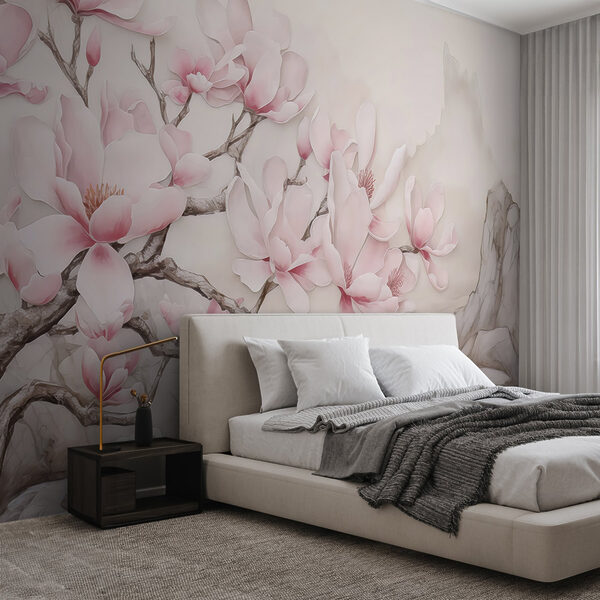 Schilderij van een boom met roze bloemen Schilderij van een boom met roze bloemen