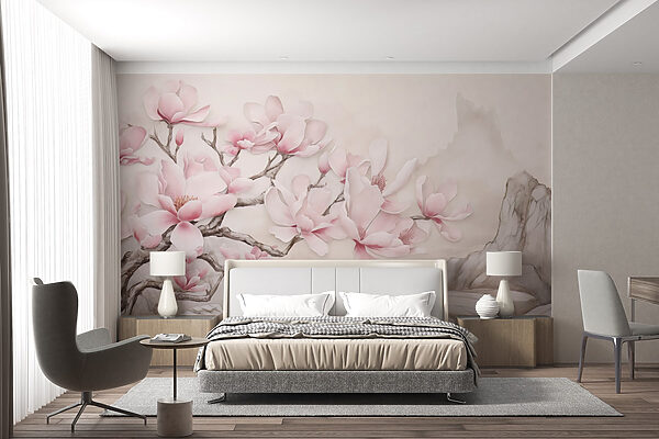 Schilderij van een boom met roze bloemen Schilderij van een boom met roze bloemen