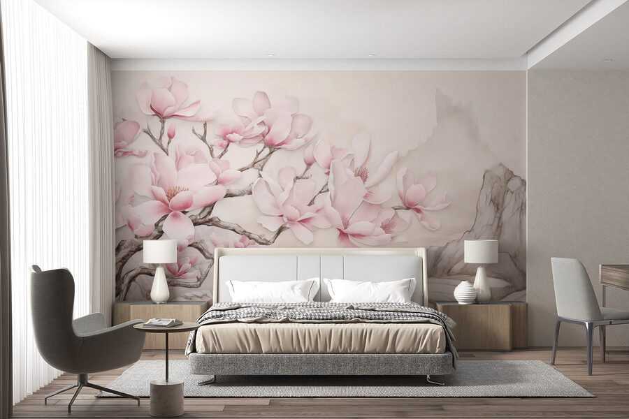 Schilderij van een boom met roze bloemen