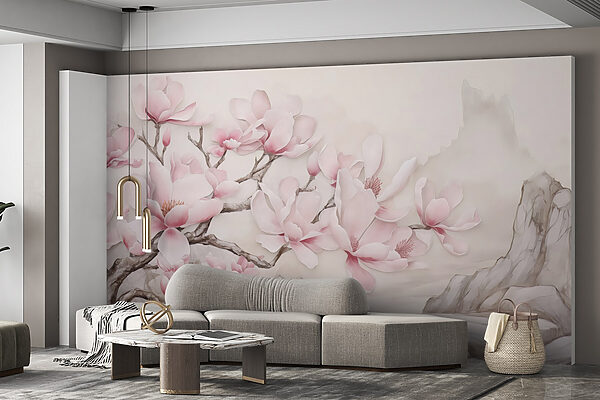 Schilderij van een boom met roze bloemen Schilderij van een boom met roze bloemen