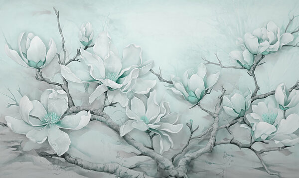Schilderij van witte bloemen op een tak Schilderij van witte bloemen op een tak