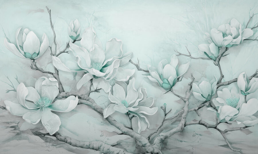Schilderij van witte bloemen op een tak Schilderij van witte bloemen op een tak