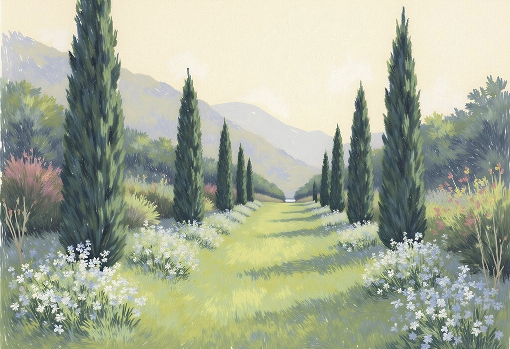 Schilderij van een landschap met bomen en bloemen Schilderij van een landschap met bomen en bloemen