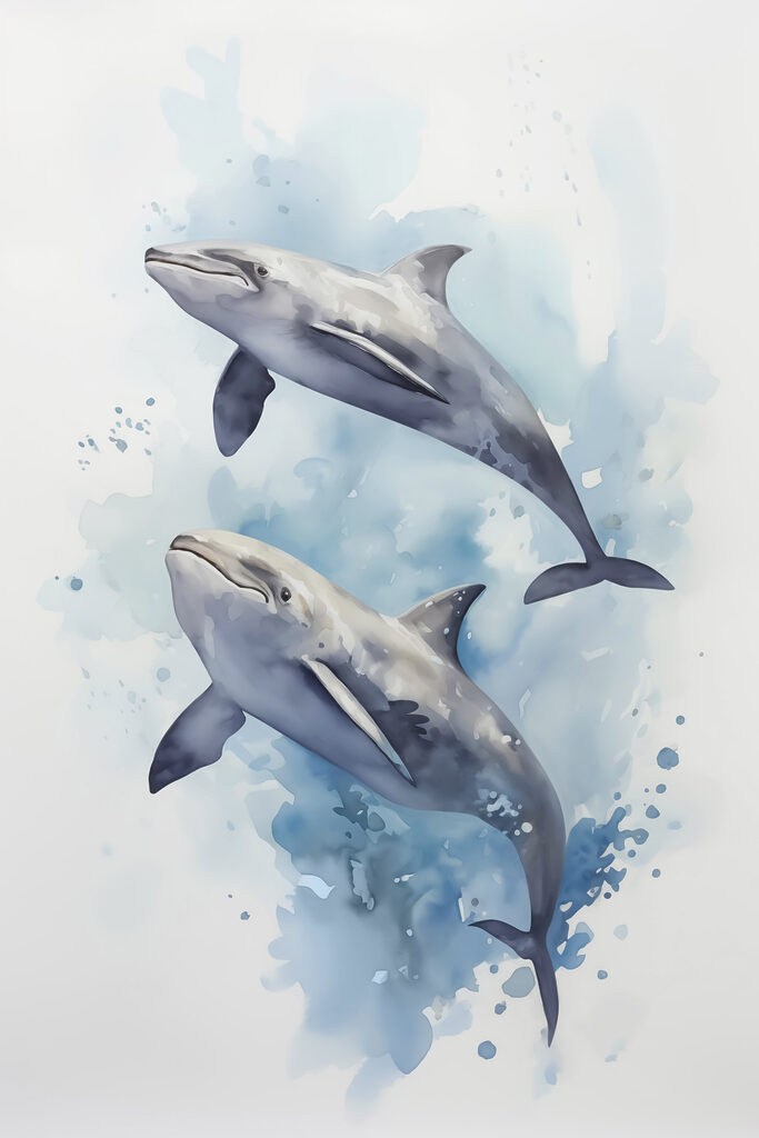 Two dolphins swimming in the water