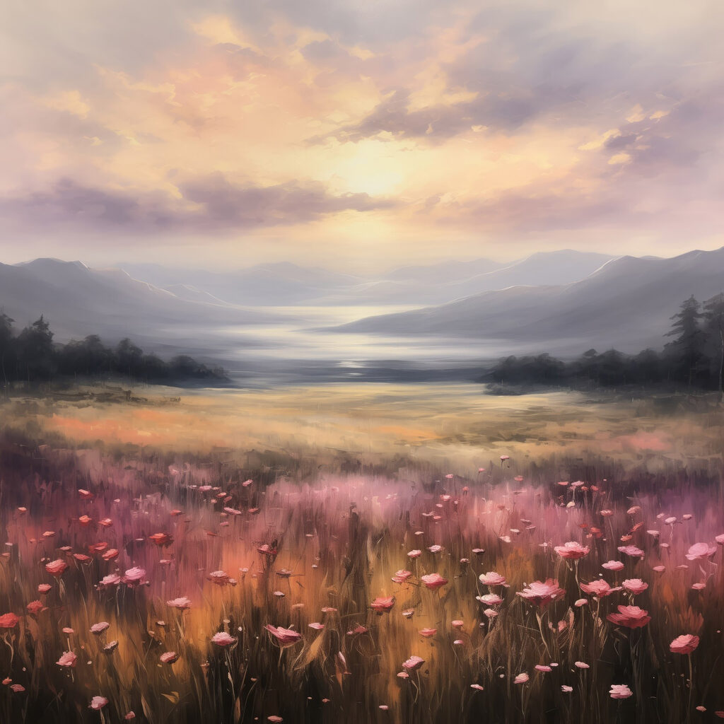 Field of flowers with mountains in the background Field of flowers with mountains in the background