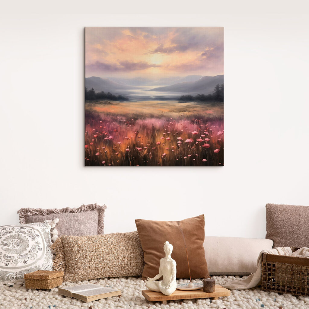 Field of flowers with mountains in the background Field of flowers with mountains in the background