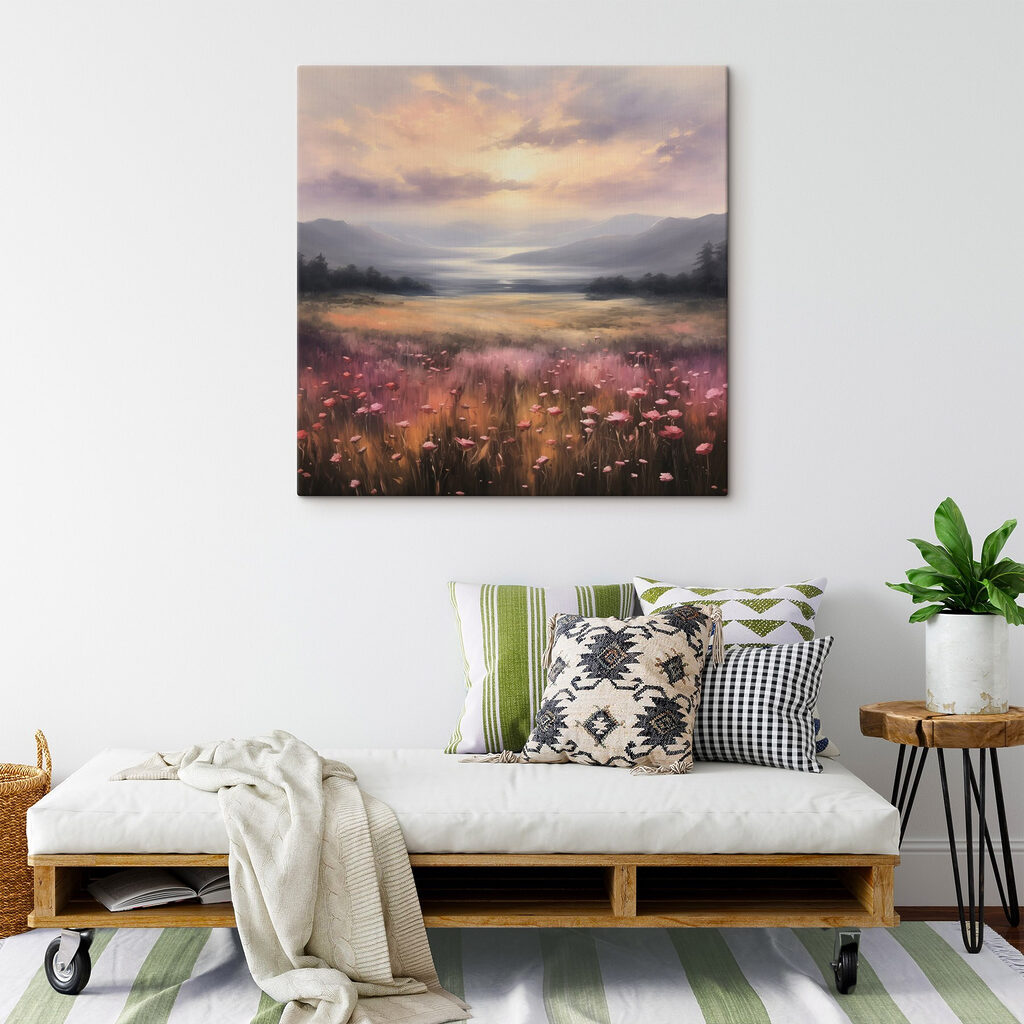 Field of flowers with mountains in the background Field of flowers with mountains in the background