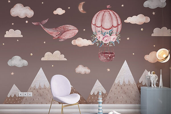 Whale and hot air balloon in the sky