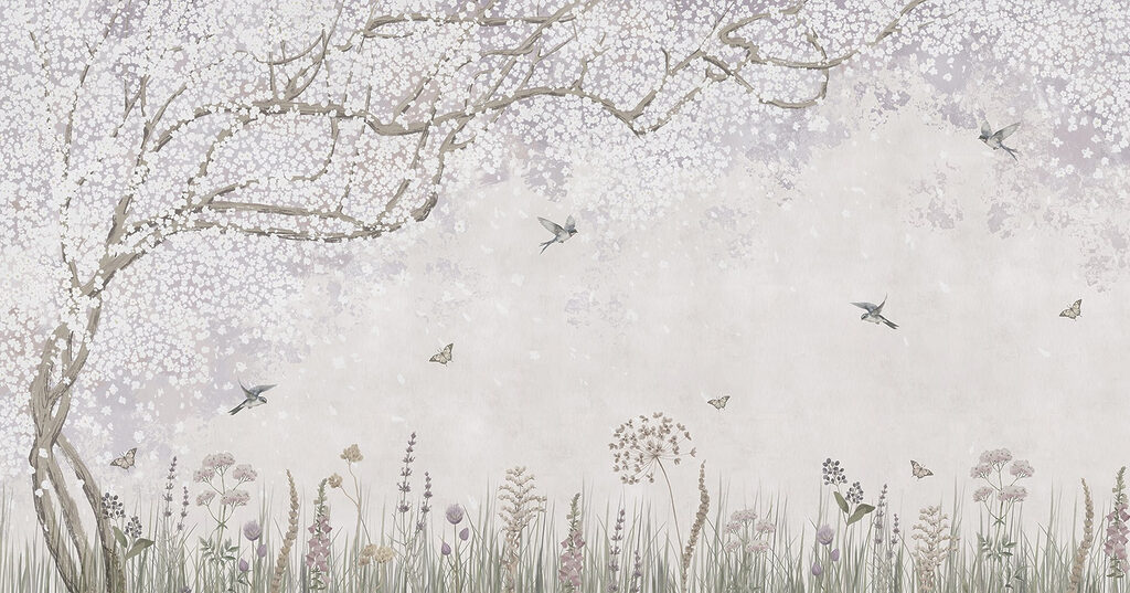Schilderij van een tuin met bloemen en vlinders Schilderij van een tuin met bloemen en vlinders