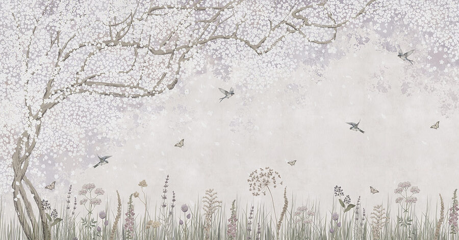 Schilderij van een tuin met bloemen en vlinders