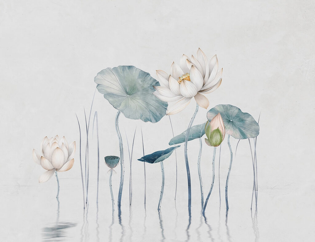 Schilderij van bloemen en bladeren in water Schilderij van bloemen en bladeren in water