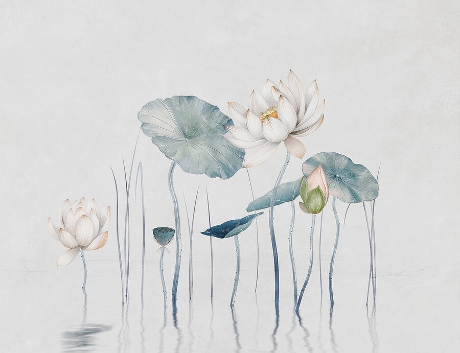 Schilderij van bloemen en bladeren in water