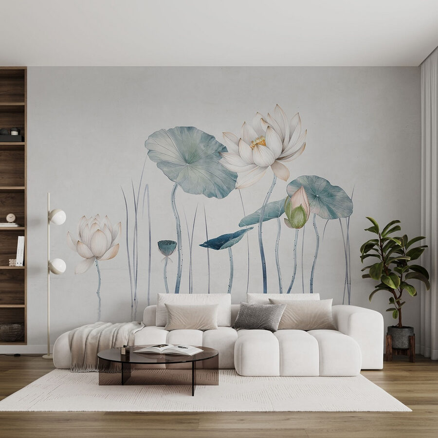 Schilderij van bloemen en bladeren in water