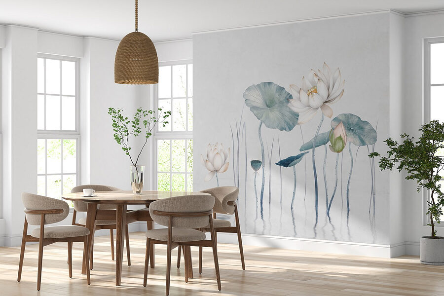 Schilderij van bloemen en bladeren in water