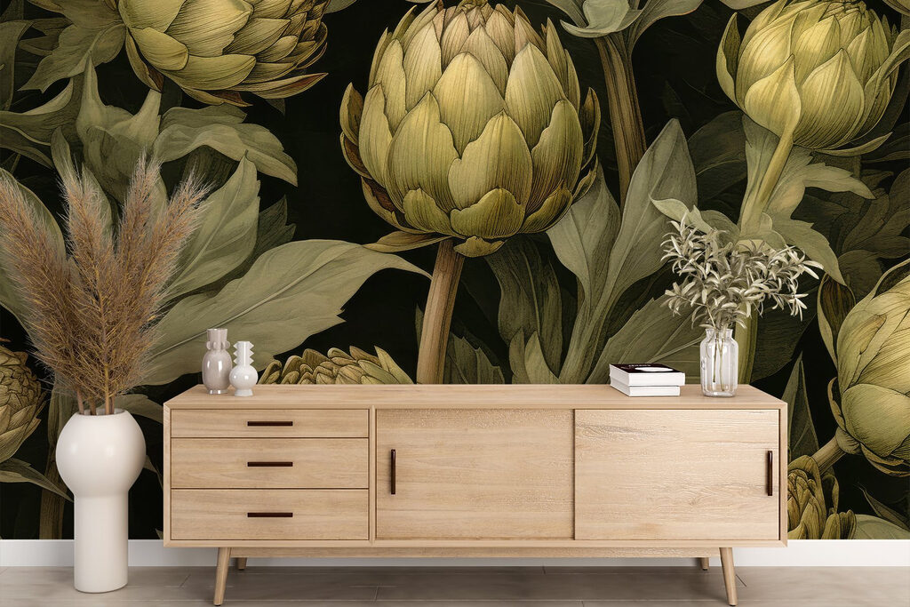 Artichokes with leaves and stems on a black background Artichokes with leaves and stems on a black background