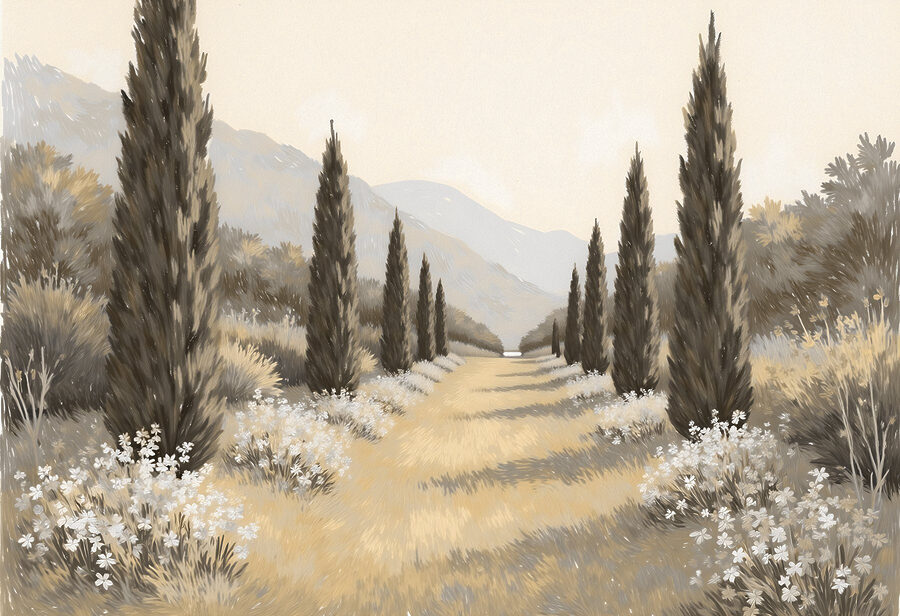 Landschap met bomen en bloemen