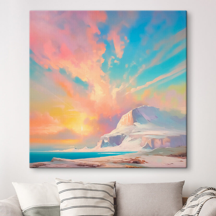 Schilderij van een berg en water