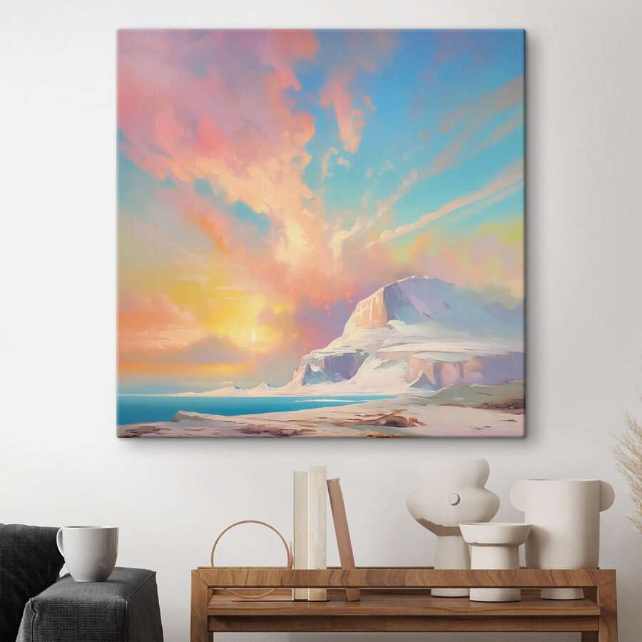 Schilderij van een berg en water