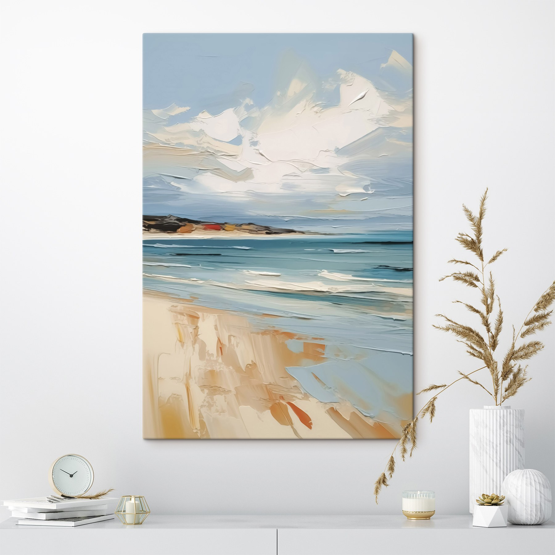 Painting of a beach and water