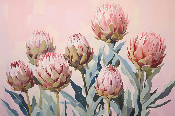 Schilderij van bloemen op roze achtergrond Schilderij van bloemen op roze achtergrond