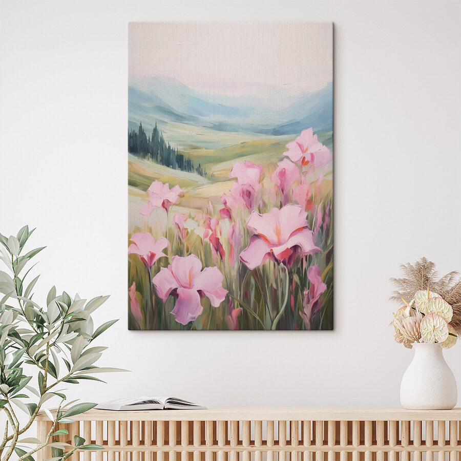 Schilderij van roze bloemen in een veld