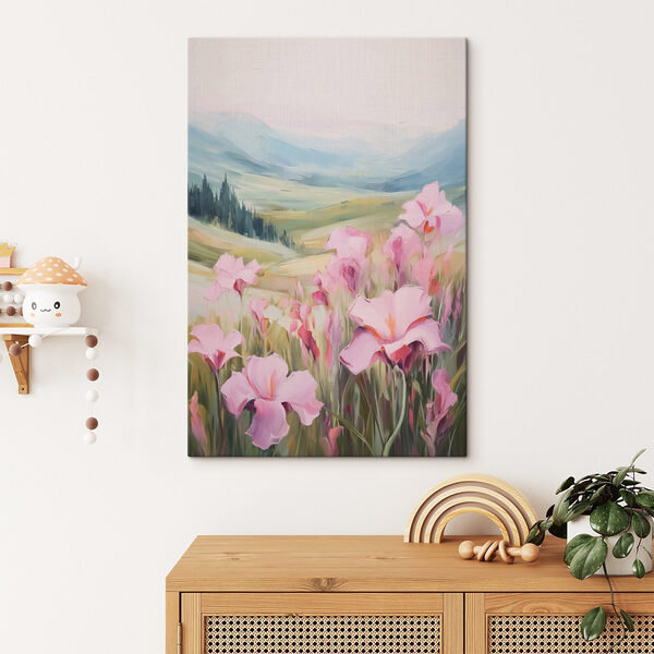 Schilderij van roze bloemen in een veld Schilderij van roze bloemen in een veld