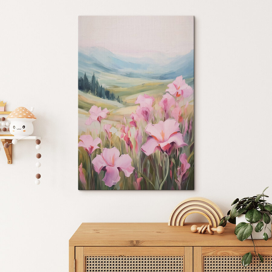 Schilderij van roze bloemen in een veld