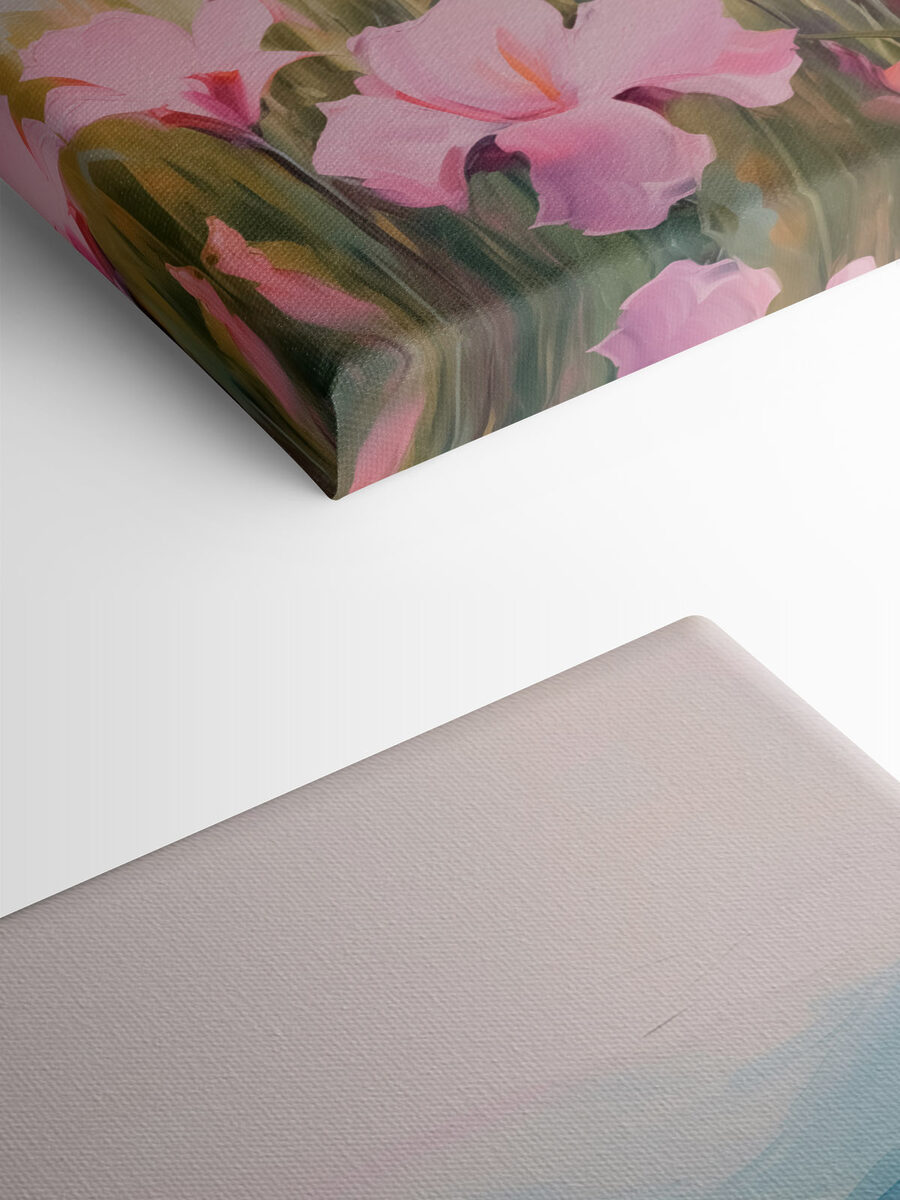 Schilderij van roze bloemen in een veld