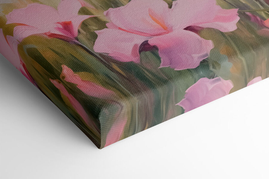 Schilderij van roze bloemen in een veld