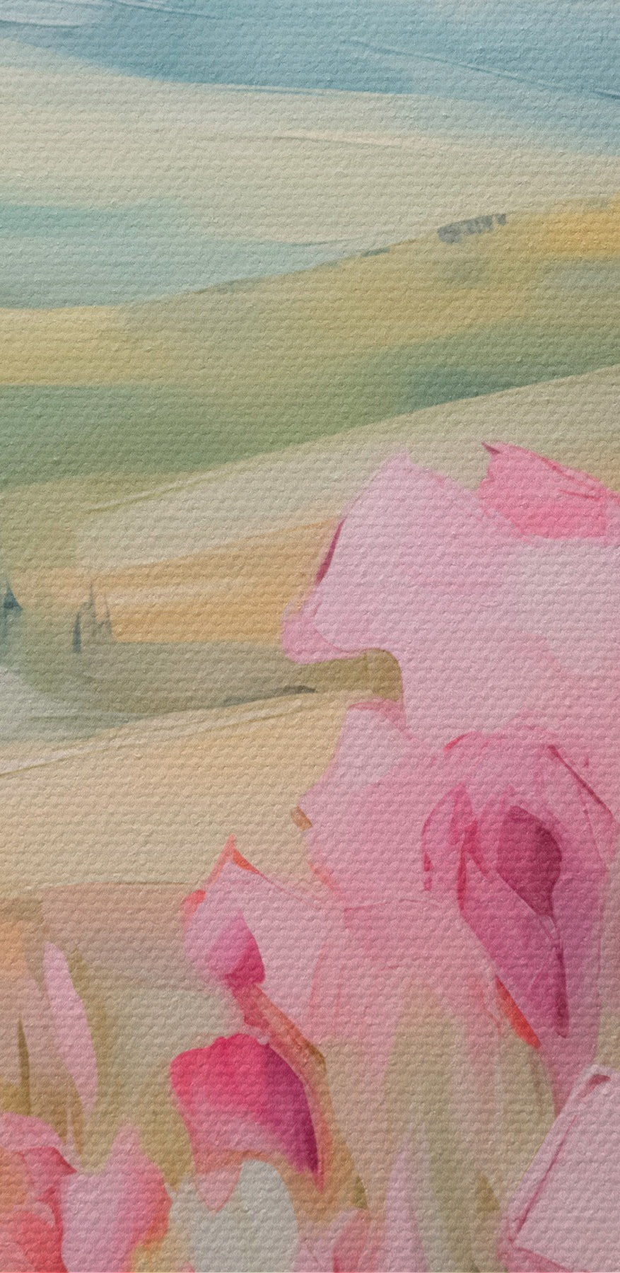 Schilderij van roze bloemen in een veld