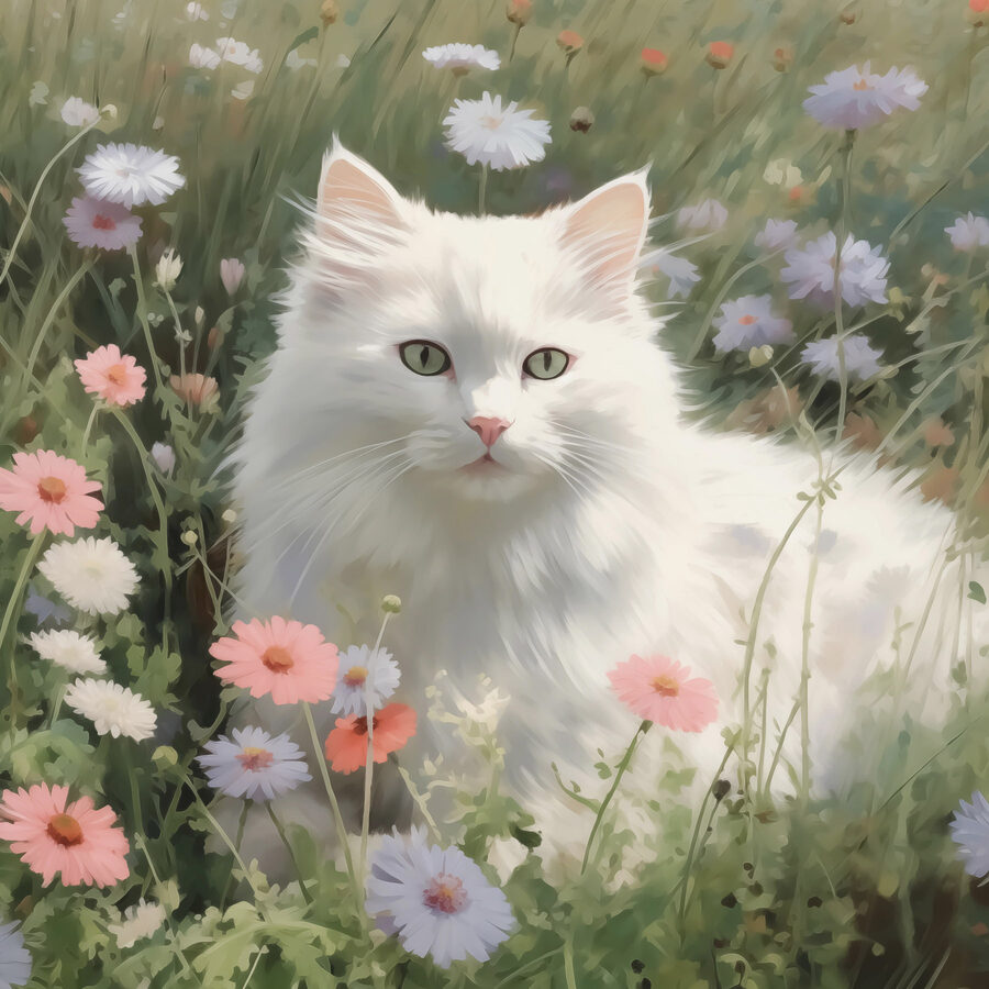 Witte kat in een bloemenveld