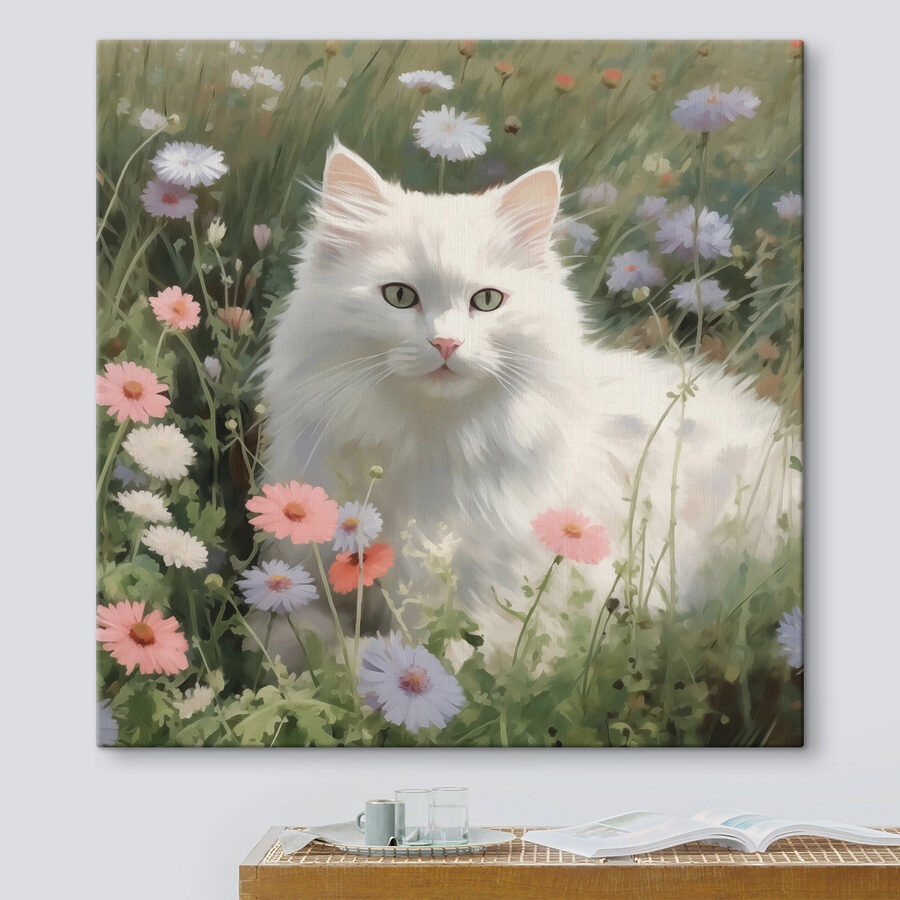 Witte kat in een bloemenveld