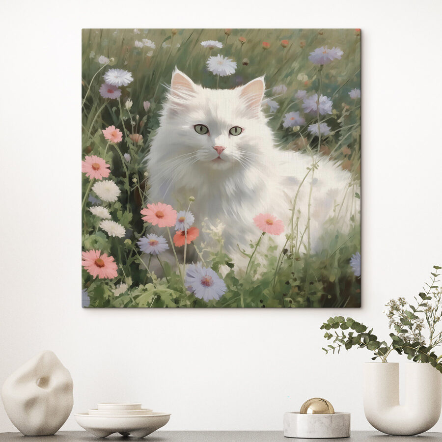 Witte kat in een bloemenveld