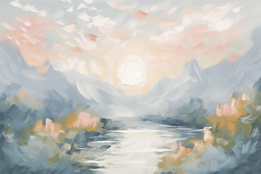Schilderij van een rivier en bergen