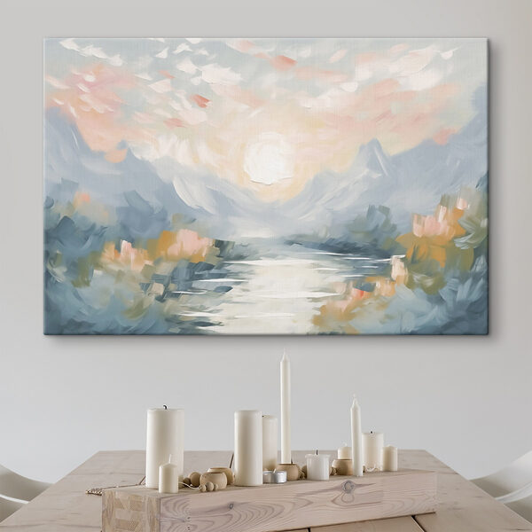 Schilderij van een rivier en bergen Schilderij van een rivier en bergen