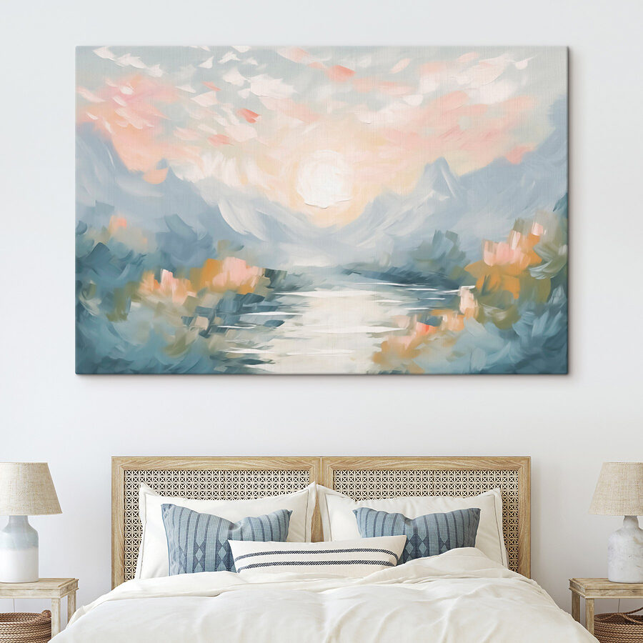 Schilderij van een rivier en bergen