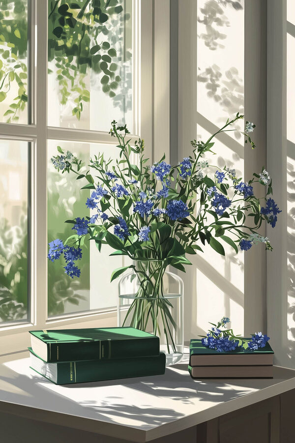Vaas met bloemen voor een raam Vaas met bloemen voor een raam