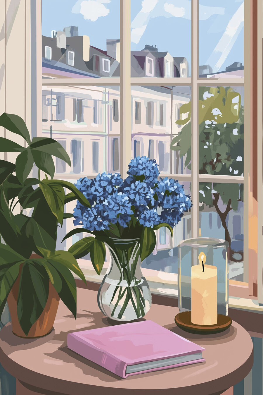 Vaas met bloemen en een kaars voor een raam