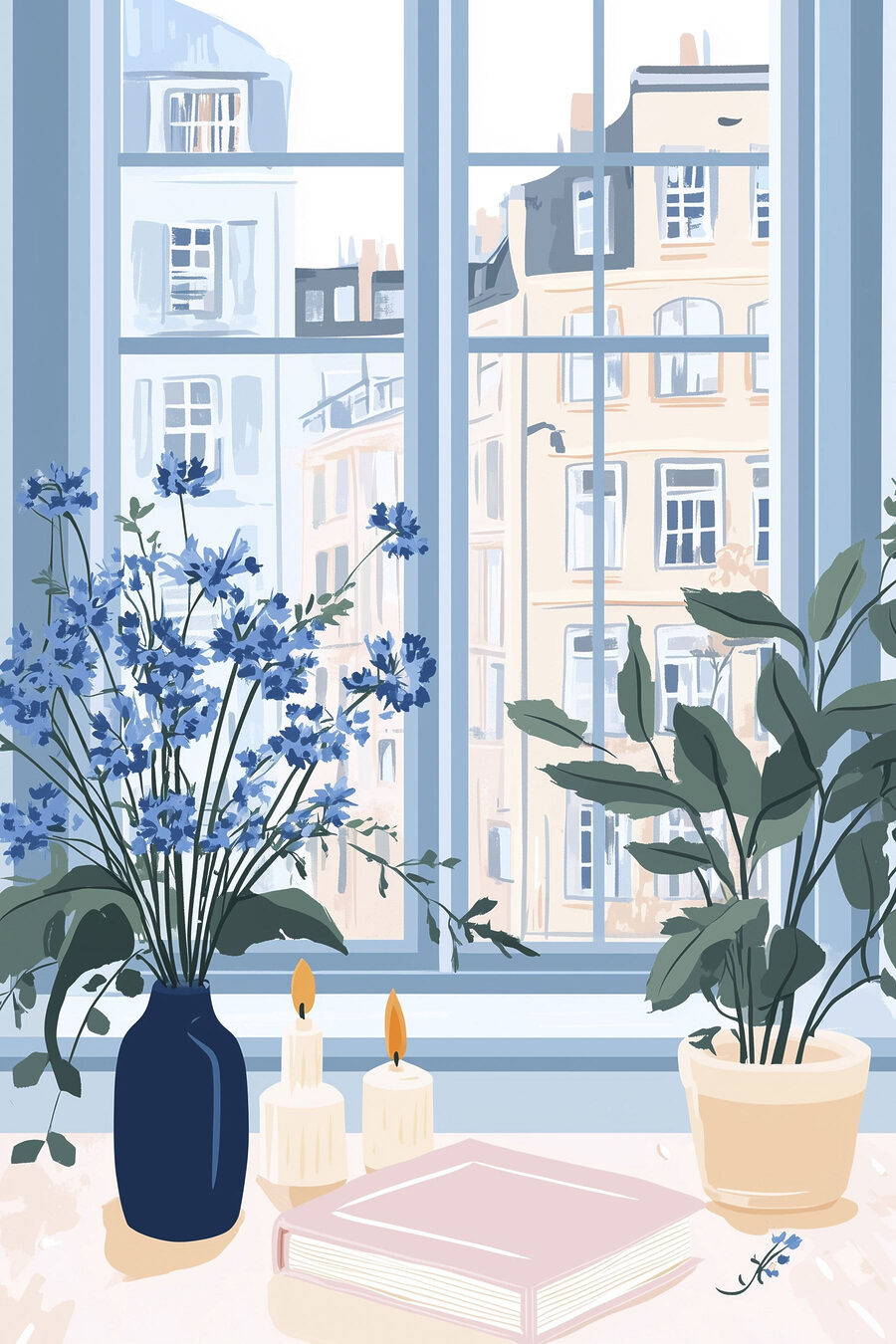 Raam met bloemen en kaarsen