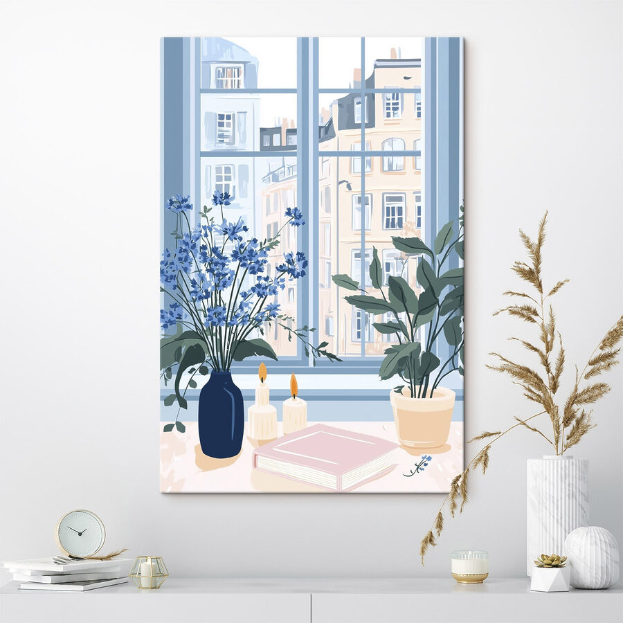 Raam met bloemen en kaarsen