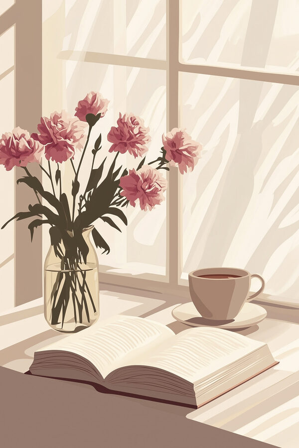 Boek en een vaas bloemen Boek en een vaas bloemen