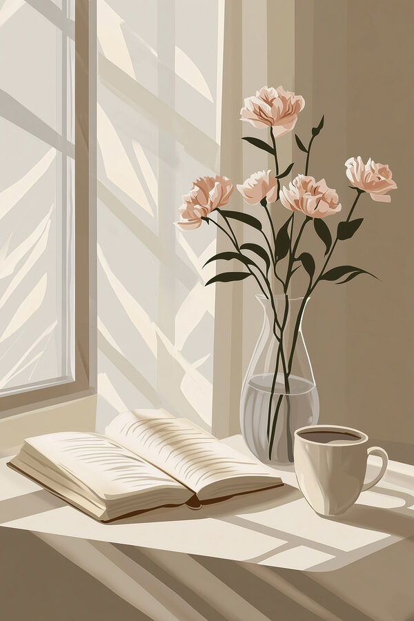 Boek en een vaas met bloemen Boek en een vaas met bloemen