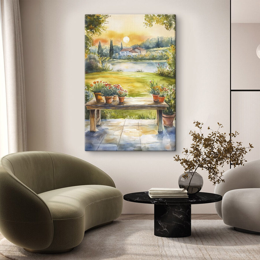 Aquarel van een tafel met potplanten erop
