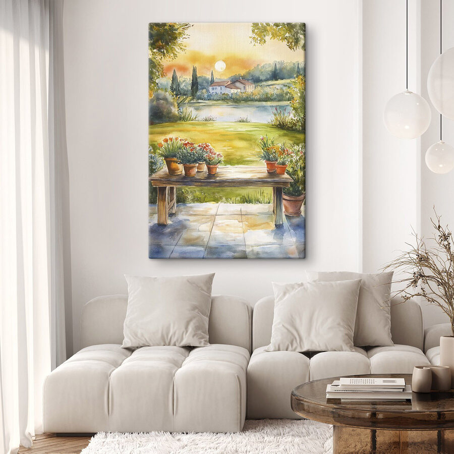 Aquarel van een tafel met potplanten erop