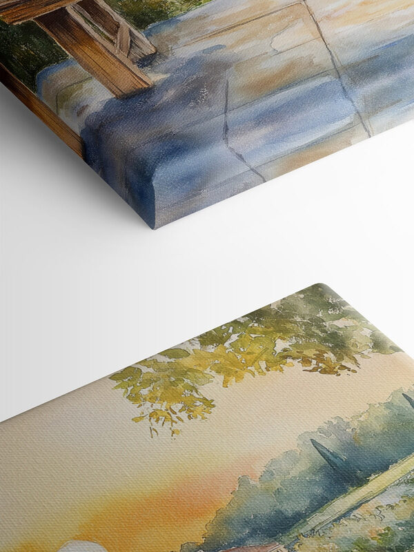 Aquarel van een tafel met potplanten erop Aquarel van een tafel met potplanten erop