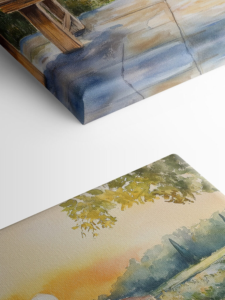 Watercolor painting of a table with potted plants on it